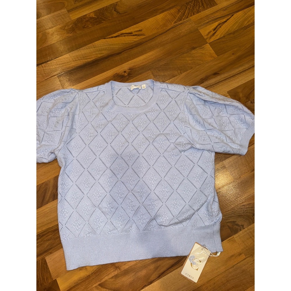 Cyrus Sweater Women Large Blue NWT Pointelle Puff Short Sleeve Diamond Knit Top